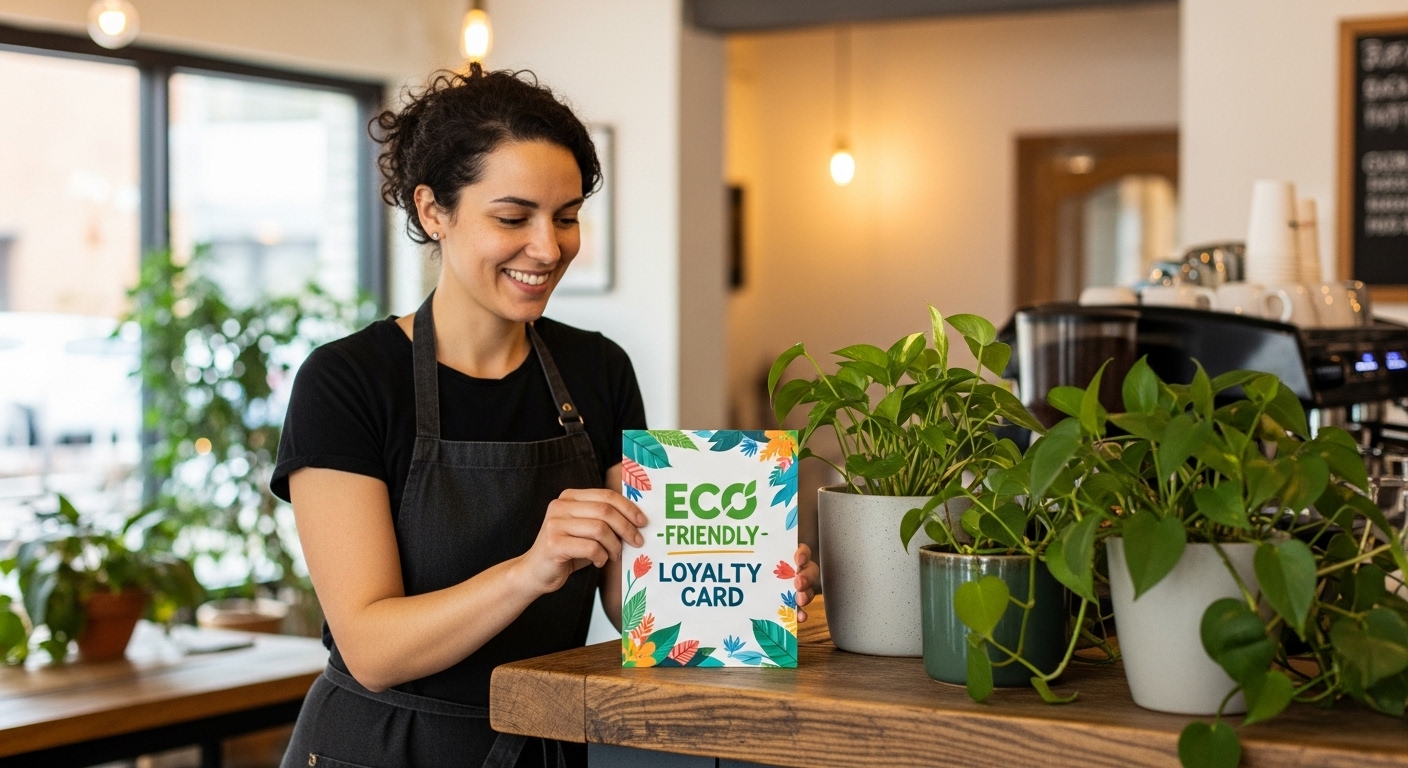 Cafe promoting its sustainable loyalty program with signage