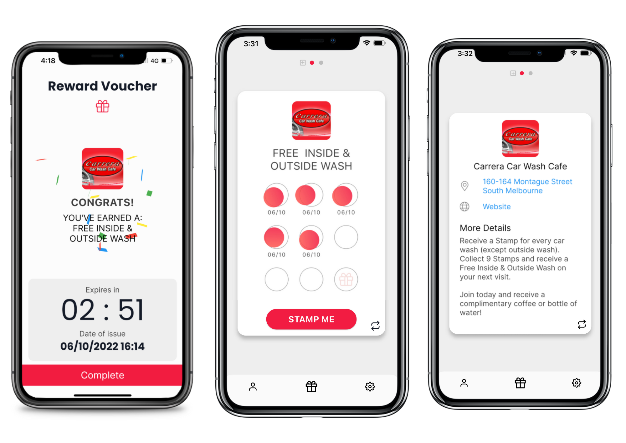 Phone frames displaying the Stamp Me app interface, showcasing a digital loyalty program for businesses.