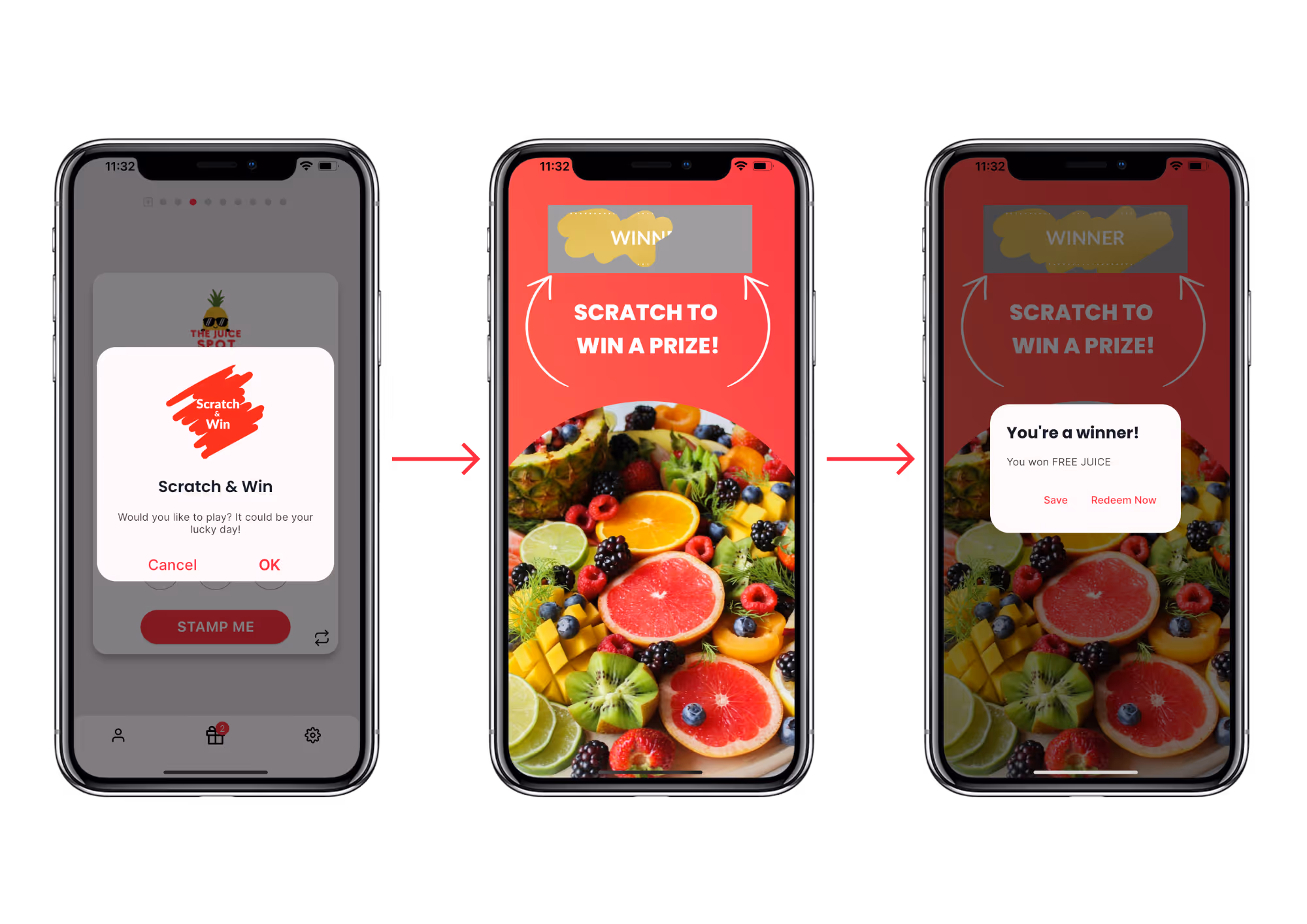 Phone screens showcasing the Stamp Me Scratch & Win game feature, engaging customers with fun rewards