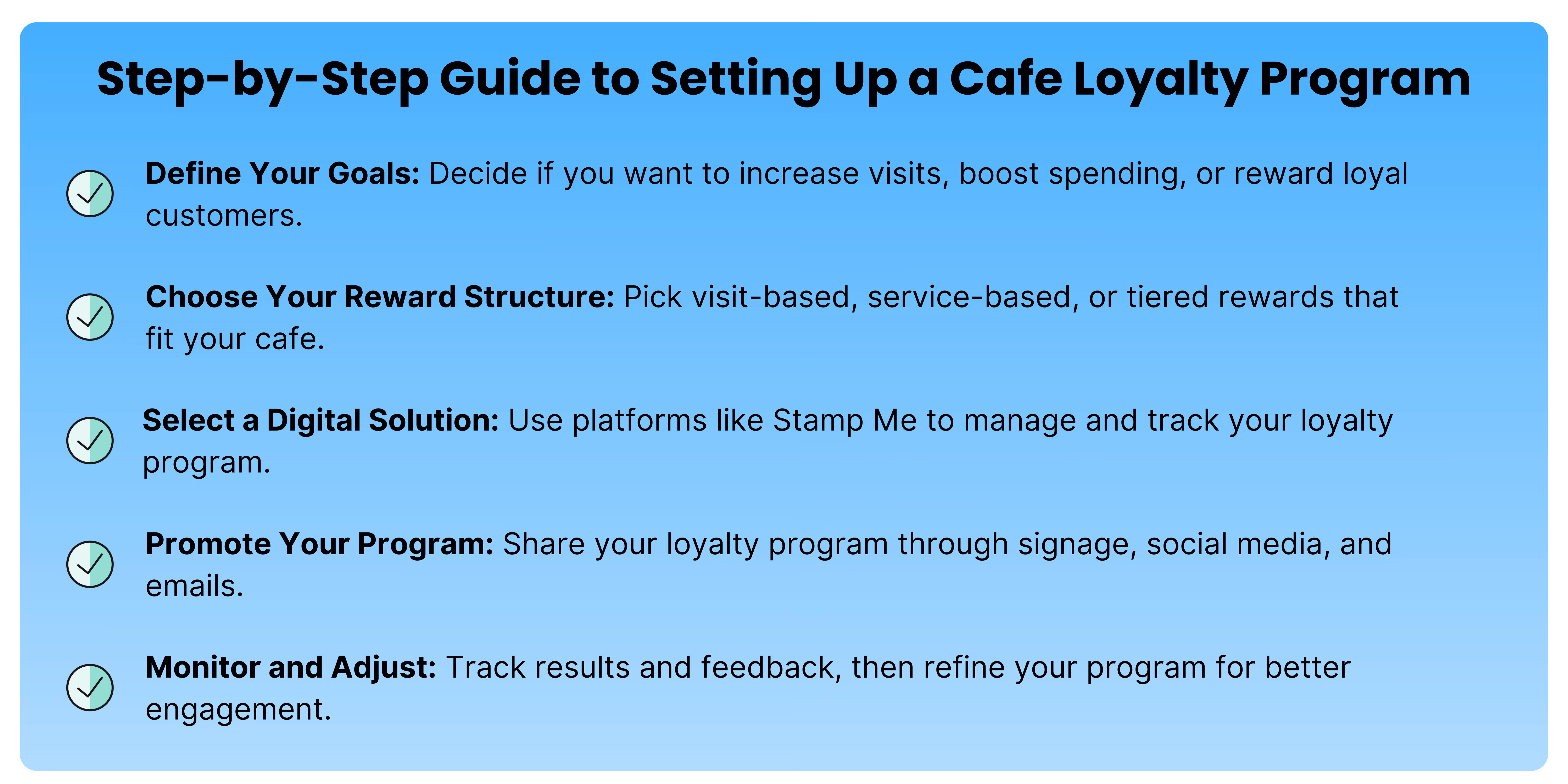 Step-by-step guide for cafe loyalty programs showing goals, reward structures, digital solutions, promotion, and monitoring for customer engagement.