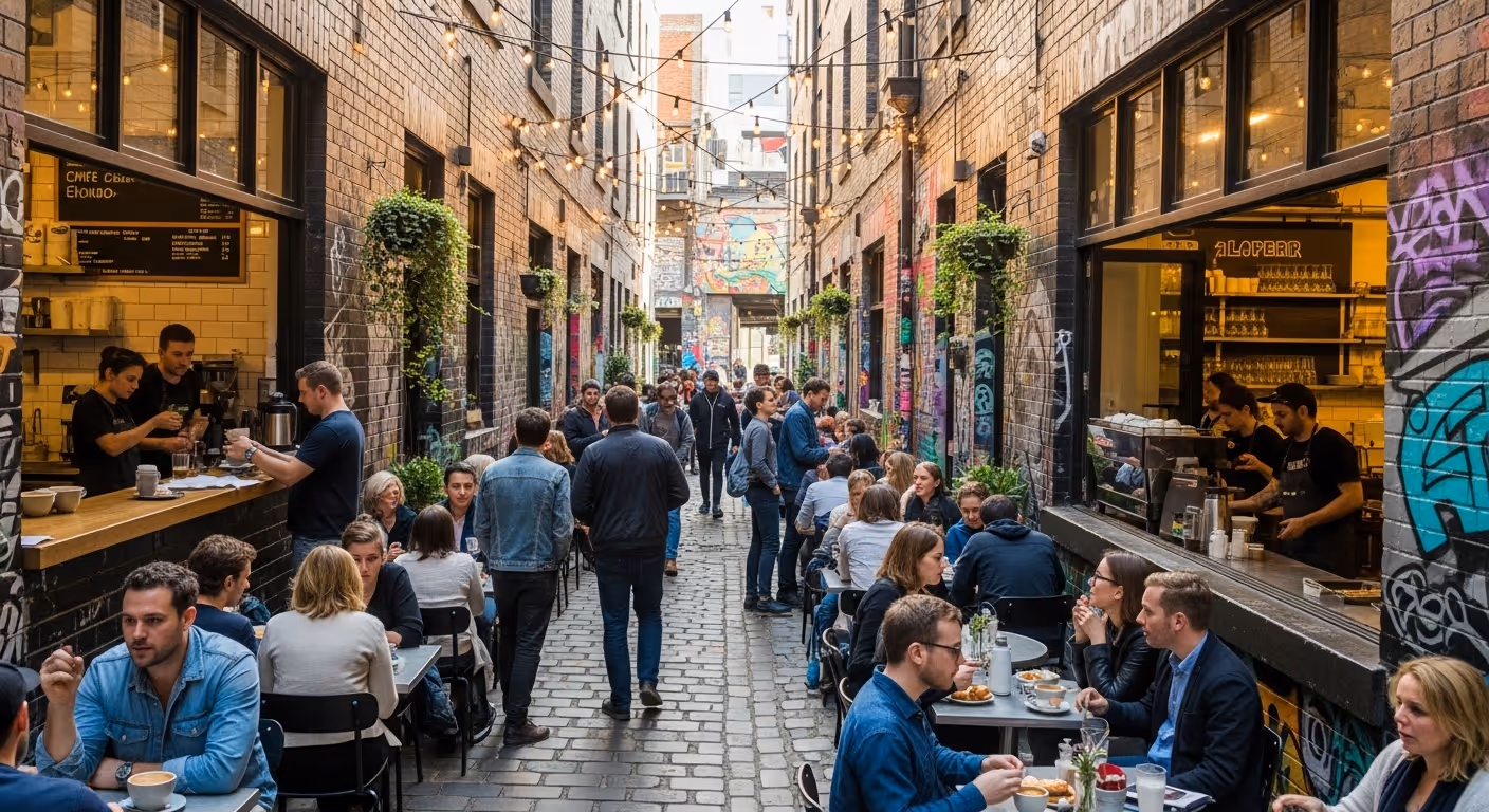 Melbourne cafe culture in Australia’s coffee capital with busy customers ordering coffee.