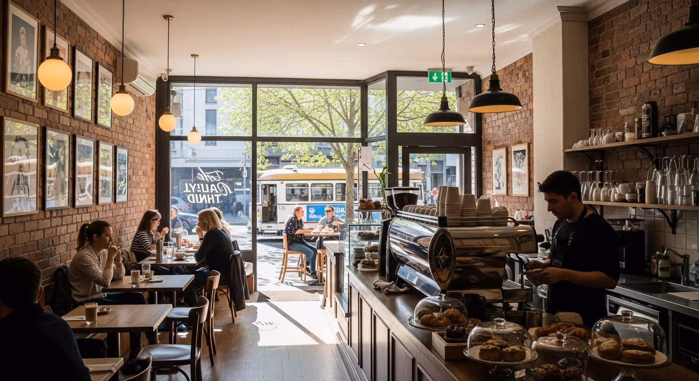 Melbourne skyline with coffee culture scene, showing cafe loyalty resilience.