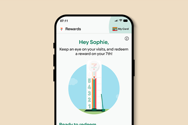 Homescreen of the My 7-Eleven Rewards app in Australia showing loyalty program features.
