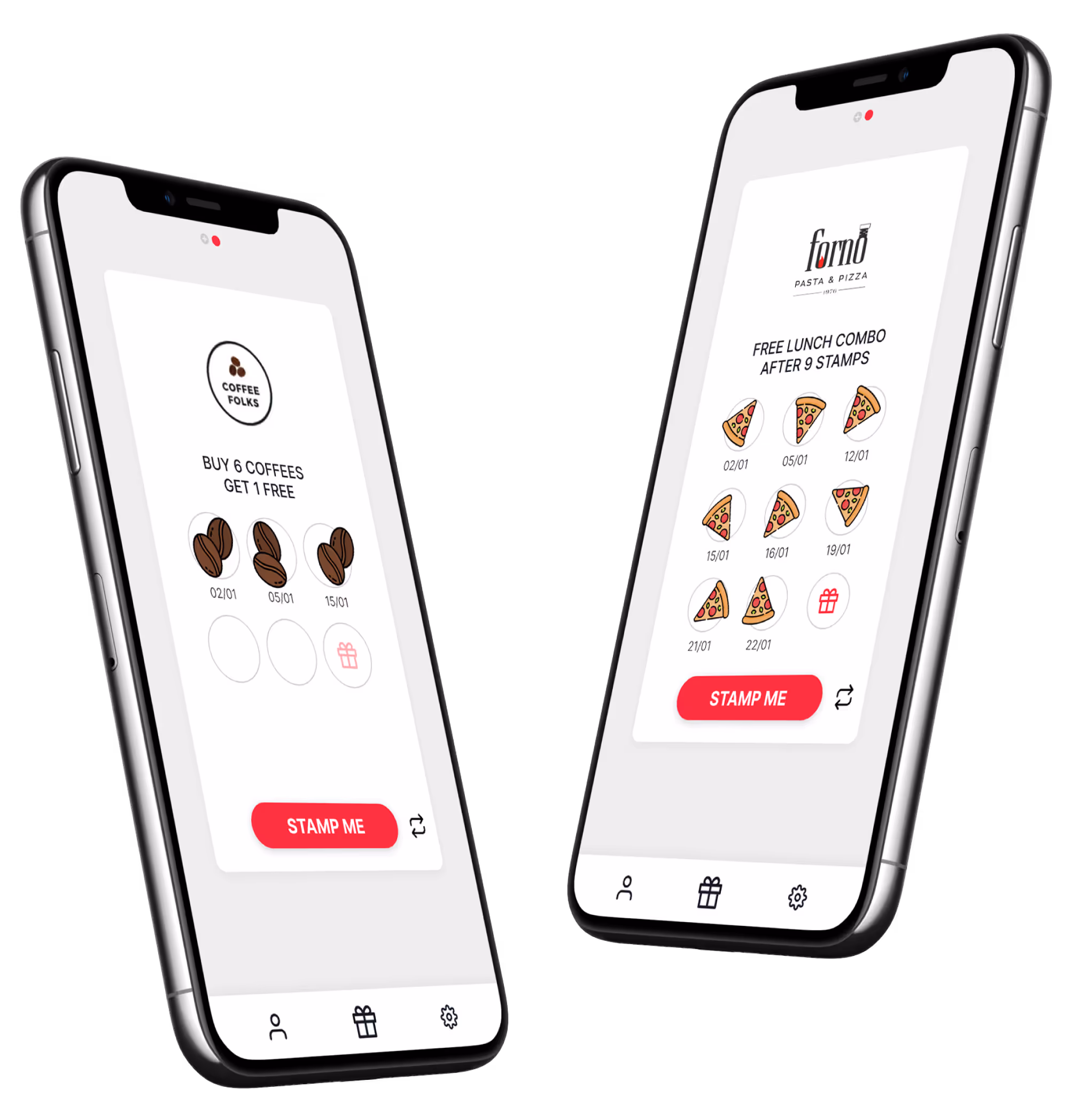Stamp Me mobile app interface displaying active stamp cards, showcasing how users collect stamps and track rewards in a digital loyalty program.