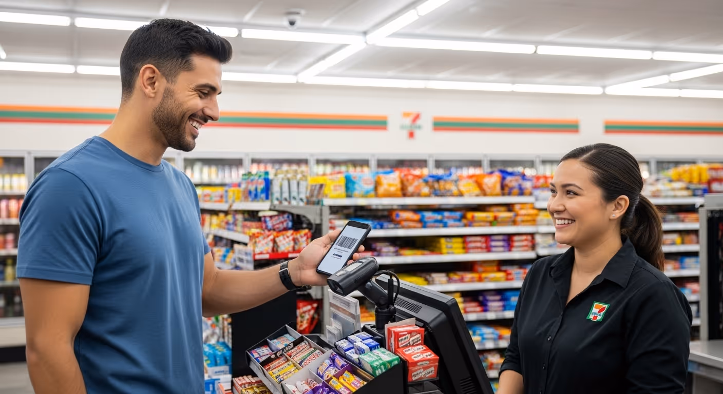 Inside a 7-Eleven store in Australia, a happy customer scans the My 7-Eleven Rewards app on their phone with assistance from a staff member in a black shirt