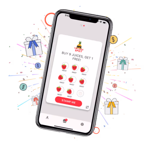 Digital loyalty card example showing a nutrition business reward ‘Buy 5, Get 1 Free’.