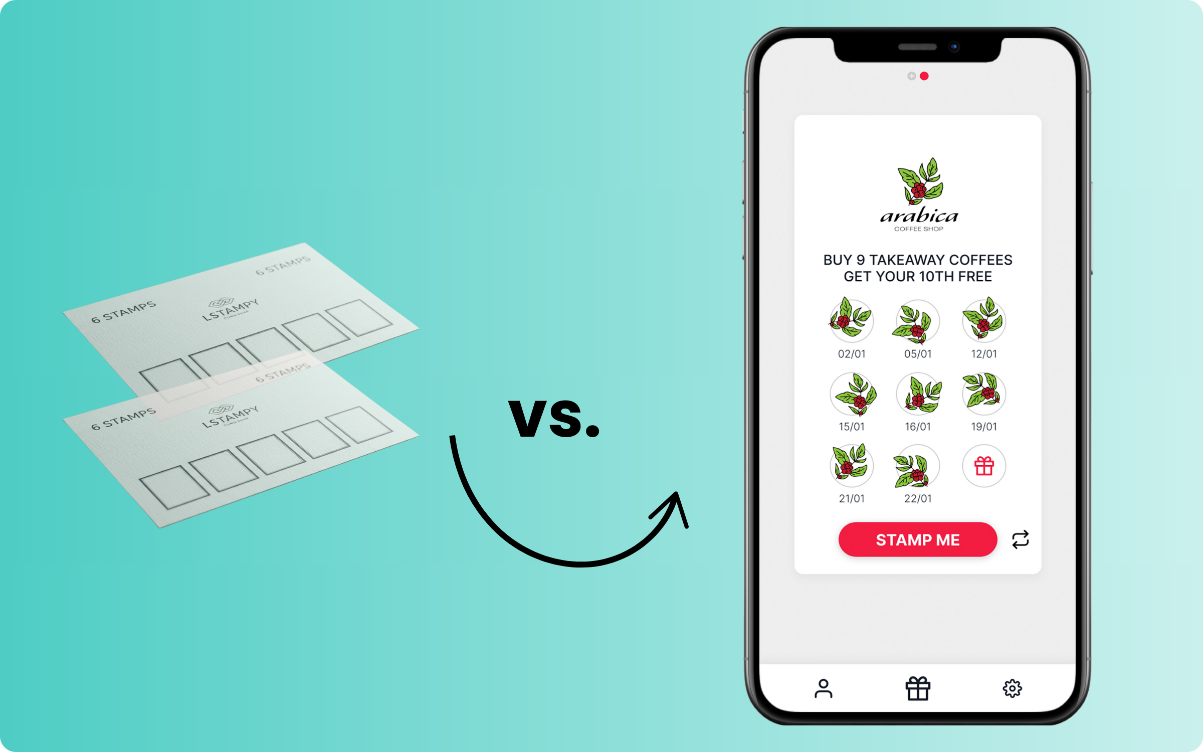 Paper punch card compared to a digital loyalty card on a smartphone.