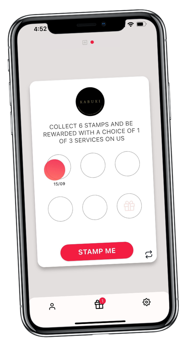 Kabuki salon Stamp Me loyalty program features list highlighting customer rewards and engagement tools.