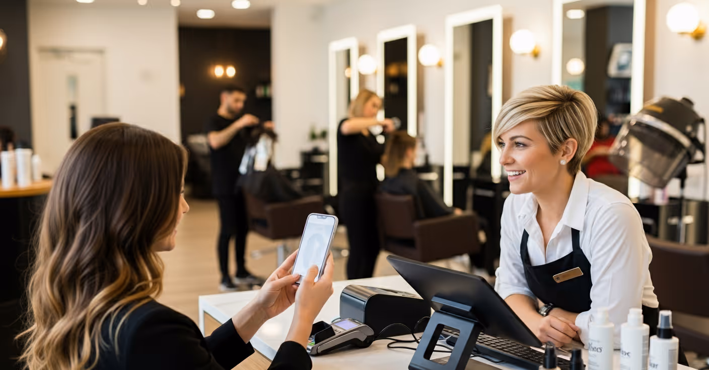Hair salon client using a digital loyalty app in Australia to track rewards.