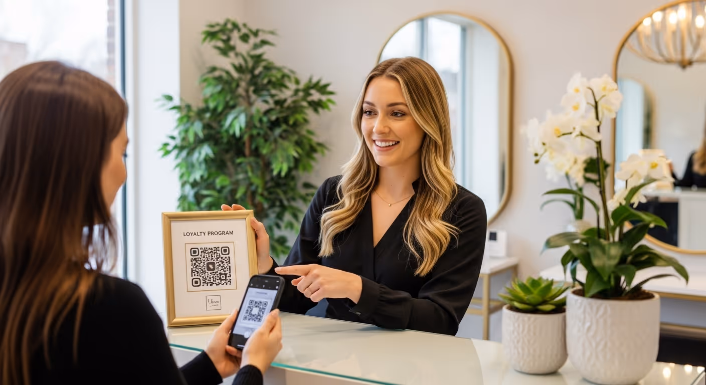 Australian hair salon client joining a loyalty app with a QR code.