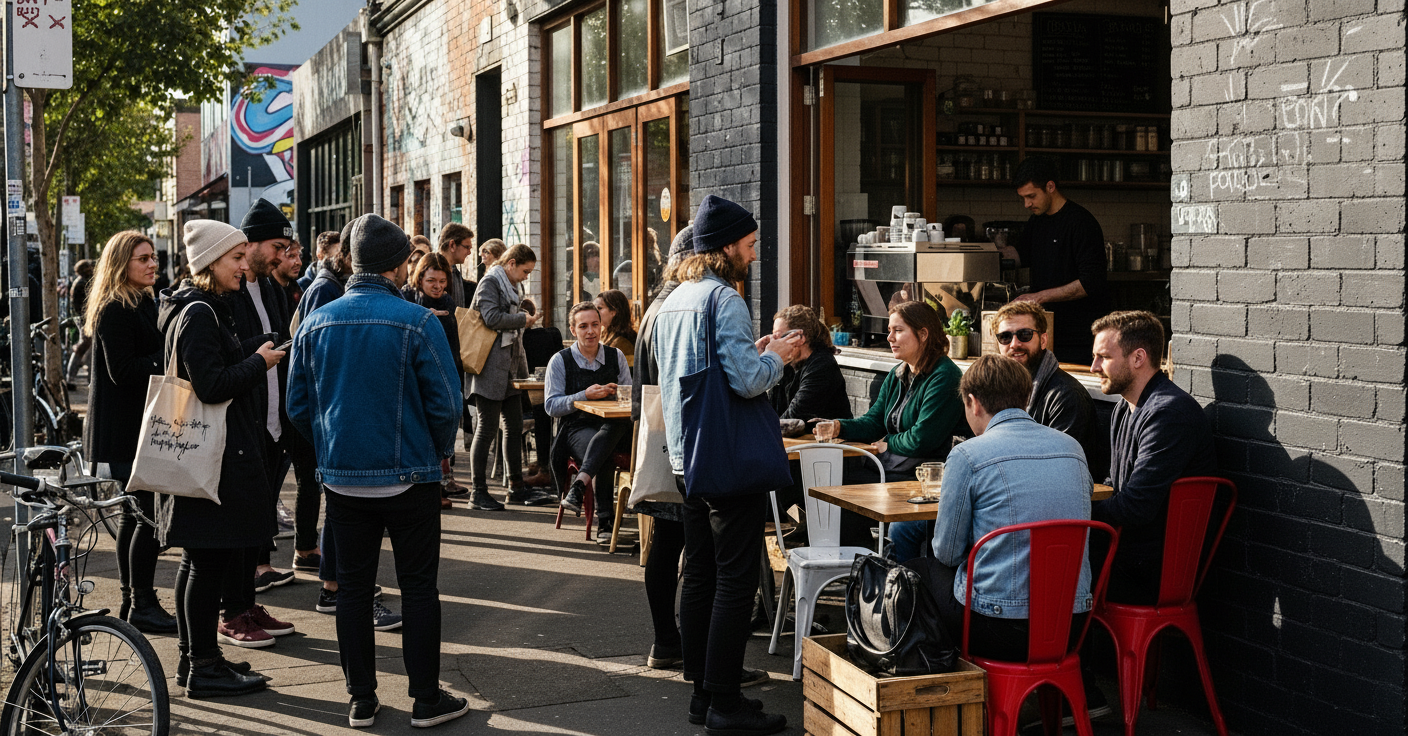Street lined with outdoor cafes in a busy international city, representing competitive cafe markets like Sydney.