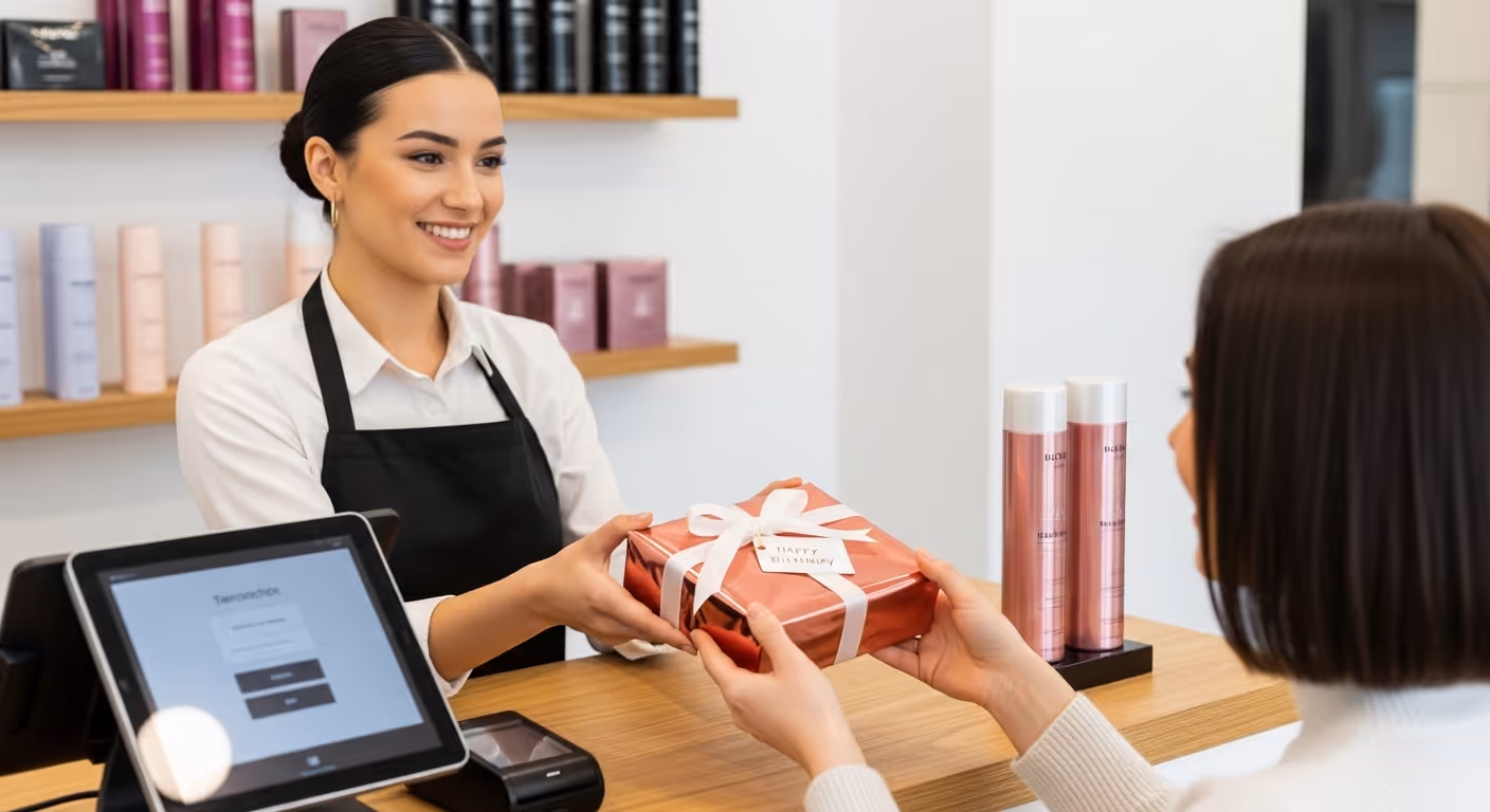 Small business salon rewarding loyal customer with birthday perk through Stamp Me app.