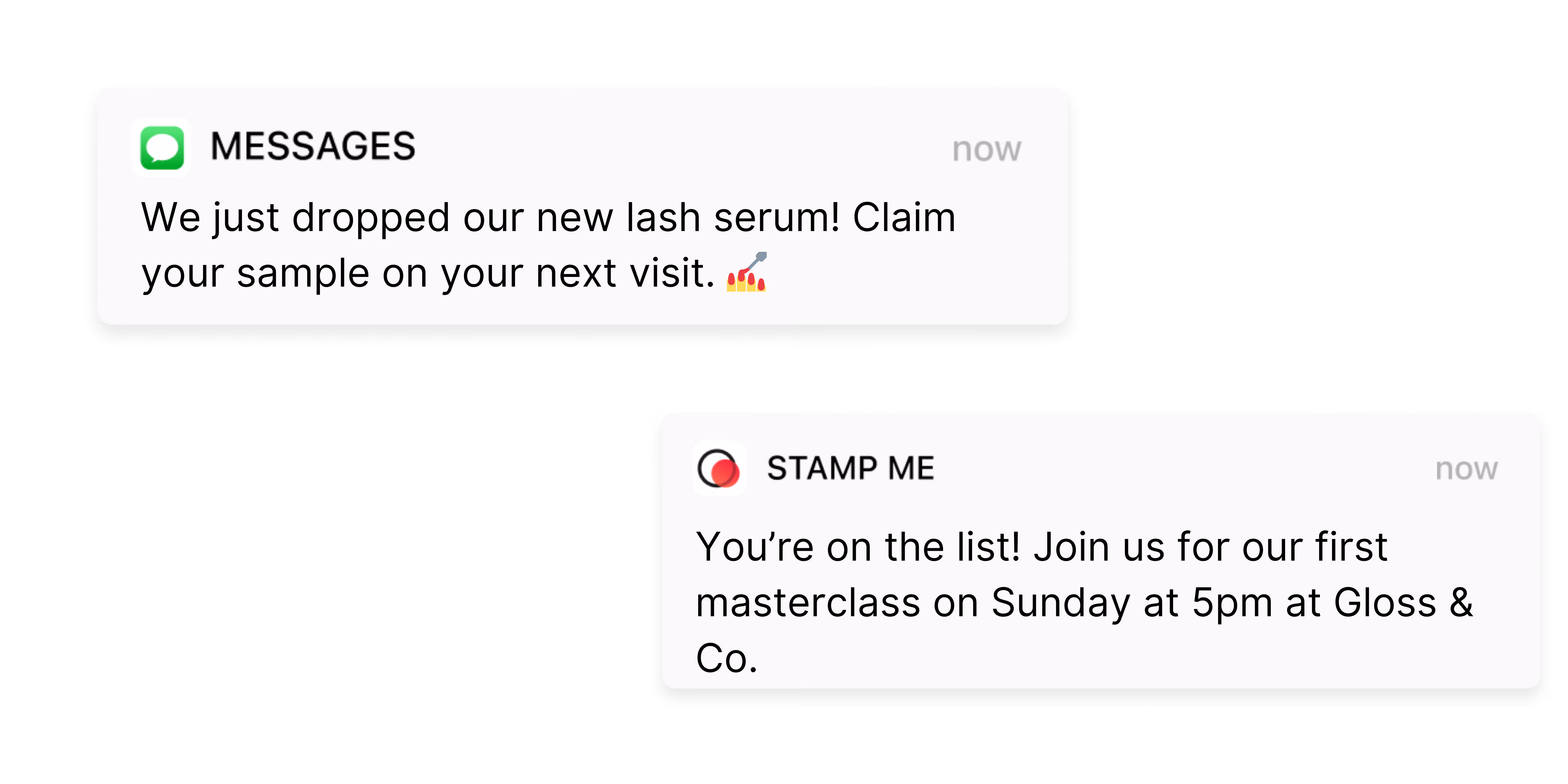 Stamp Me allows you to send tailored invitations, via SMS or Push Notifications. 