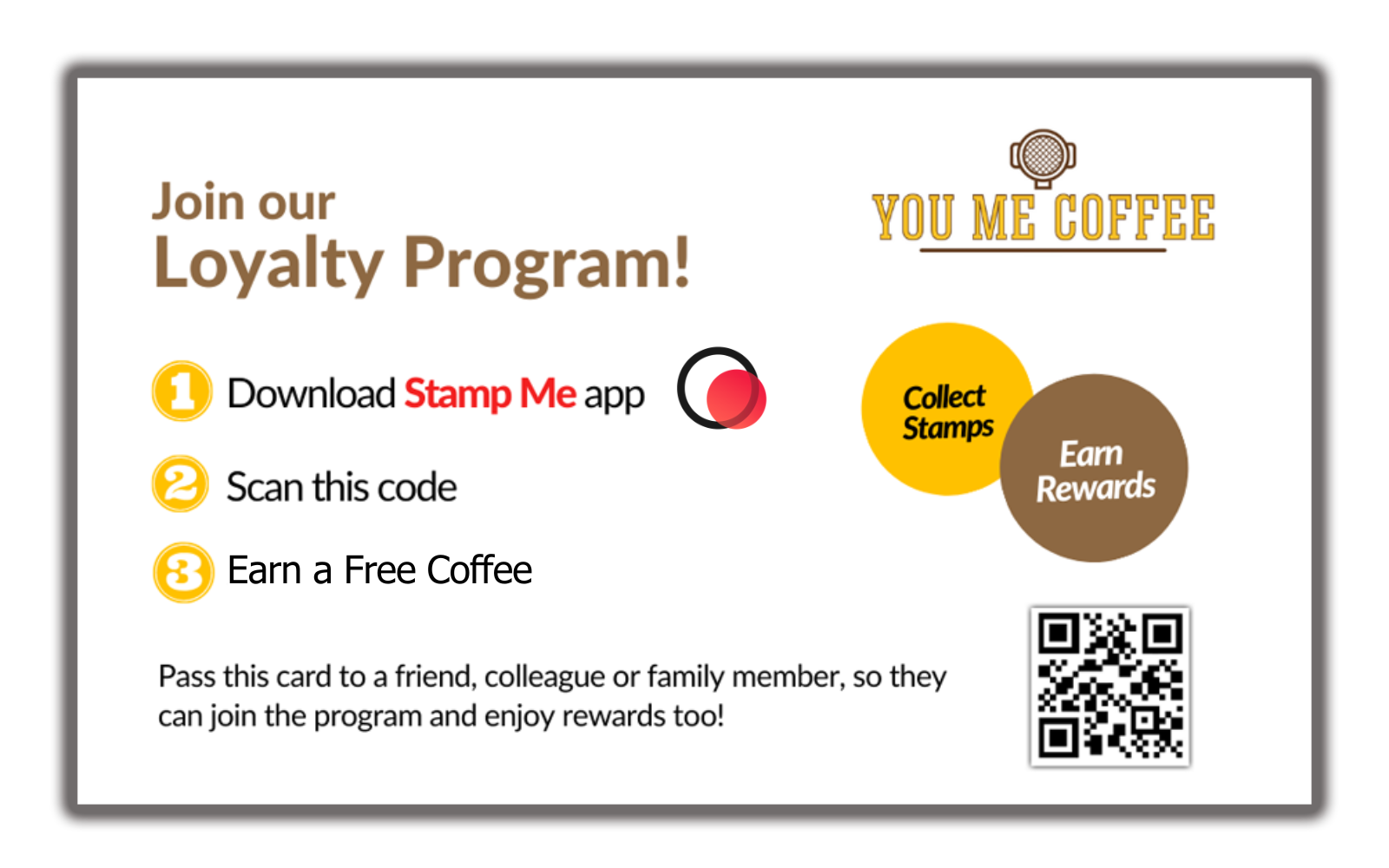 Example Stamp Me Join Card featuring QR Join Code, business logo, and simple instructions for customers to scan and join the loyalty program.