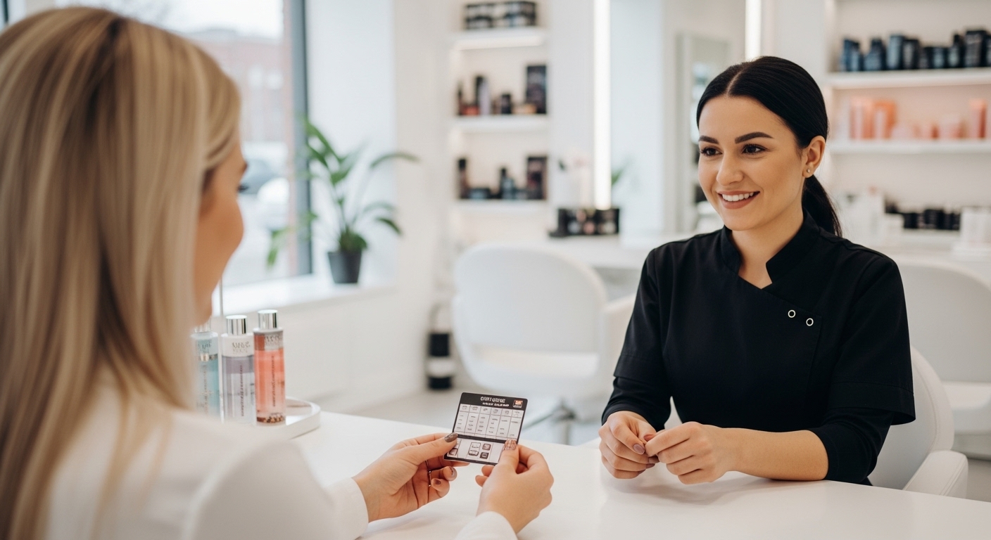 Salon loyalty stamp card for beauty clients in Canada with bilingual design.