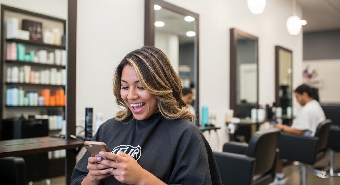 Hair salon client looking at their rewards and redeemable services in a Canadian beauty salon.