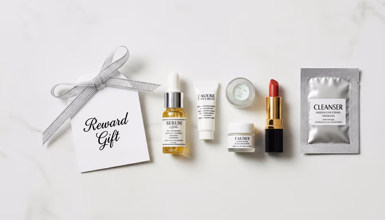 Beauty salon clients reward items including skincare samples and a bonus treatment coupon for Canadian customers.