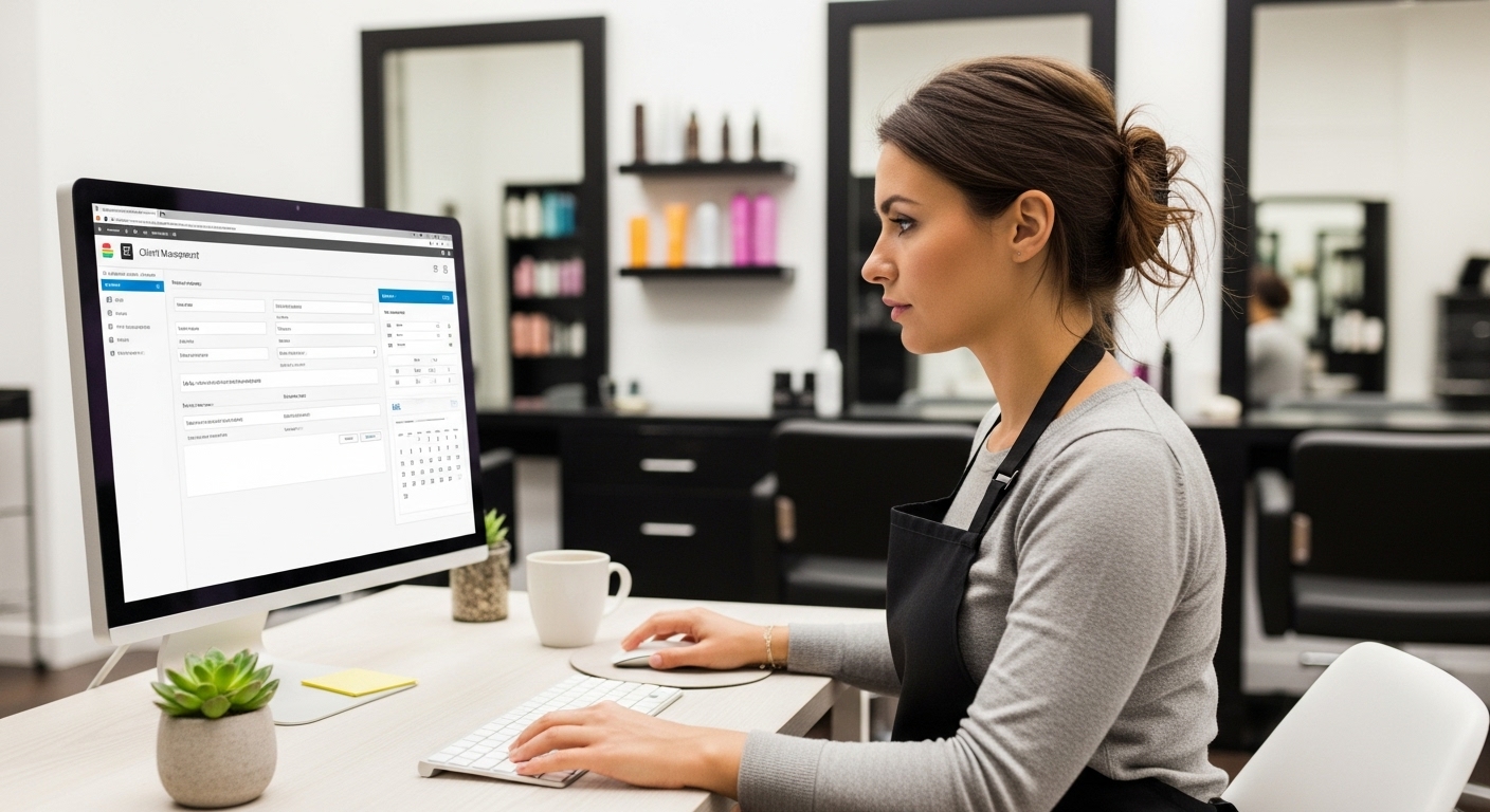 Canadian hair salon stylist updating client notes and loyalty profile on a computer.