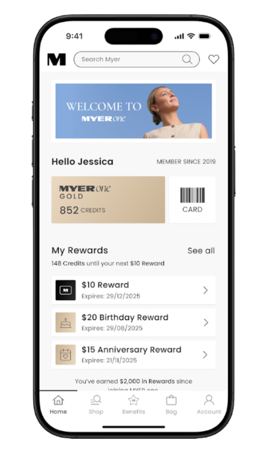 MyerOne mobile app for rewarding loyalty and repeat visits.