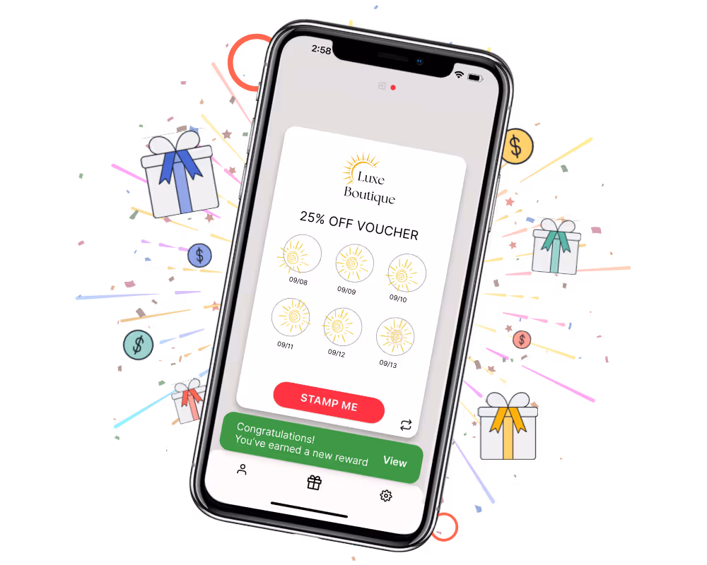 Loyalty app showing stamp progress and reward redemption option