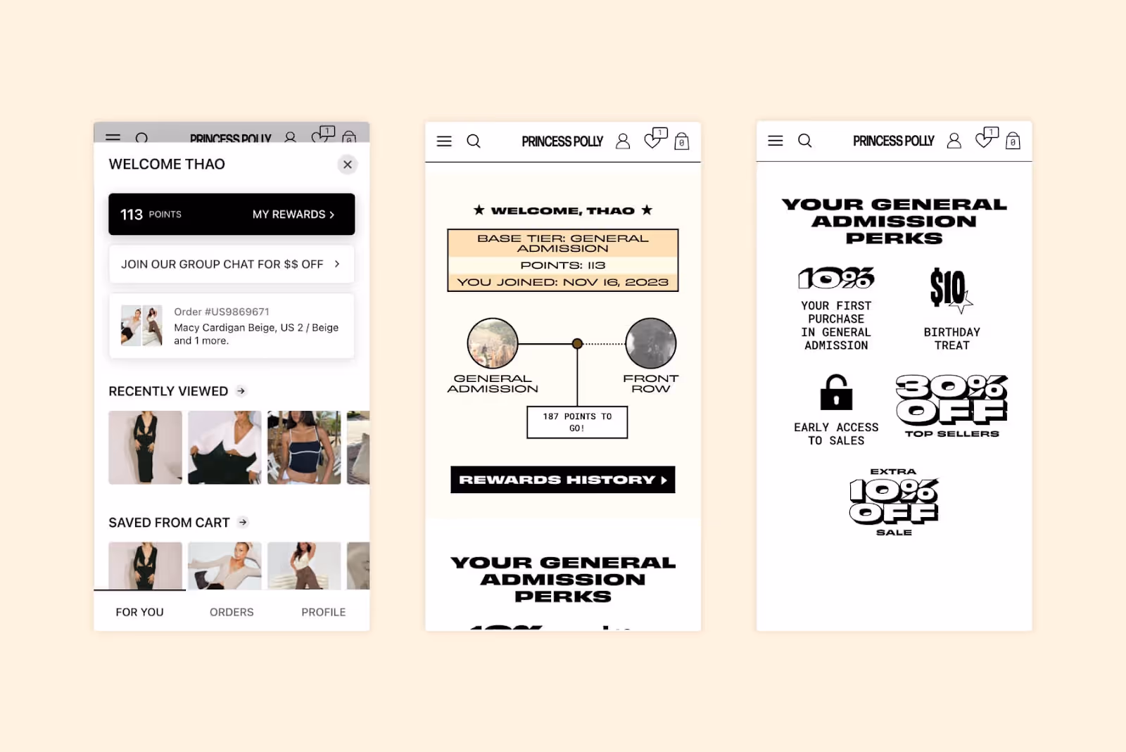 Princess Polly loyalty program rewards breakdown.