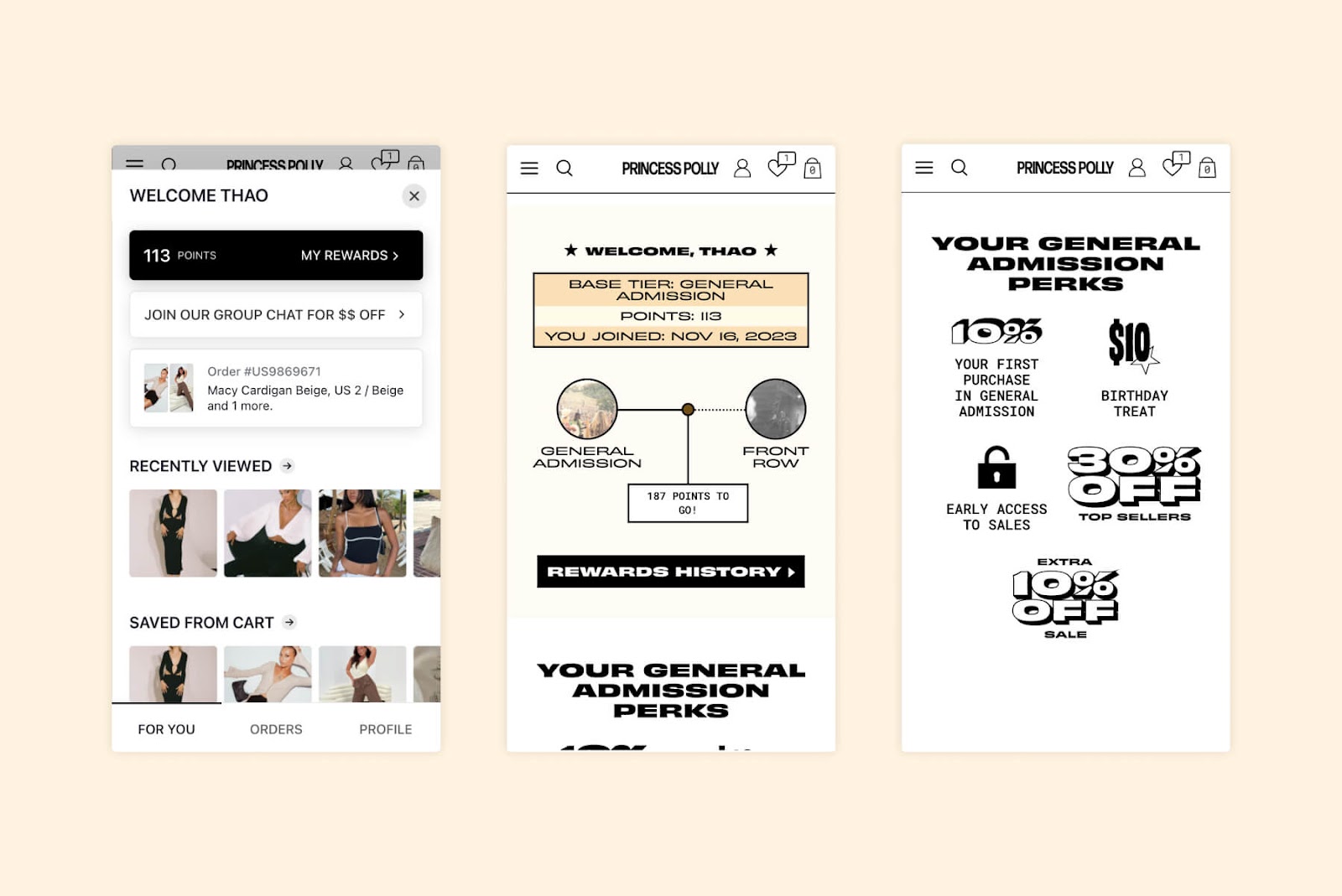 Princess Polly loyalty program rewards breakdown.