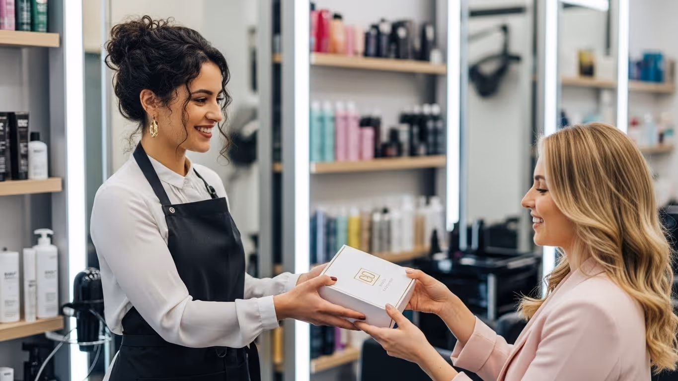 Loyal customer receiving a free gift in an Australian hair salon.