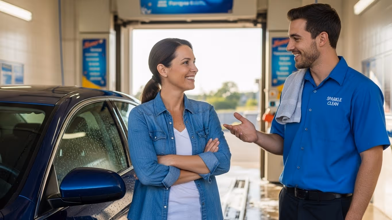 a customer and worker smiling and talking at a car wash.