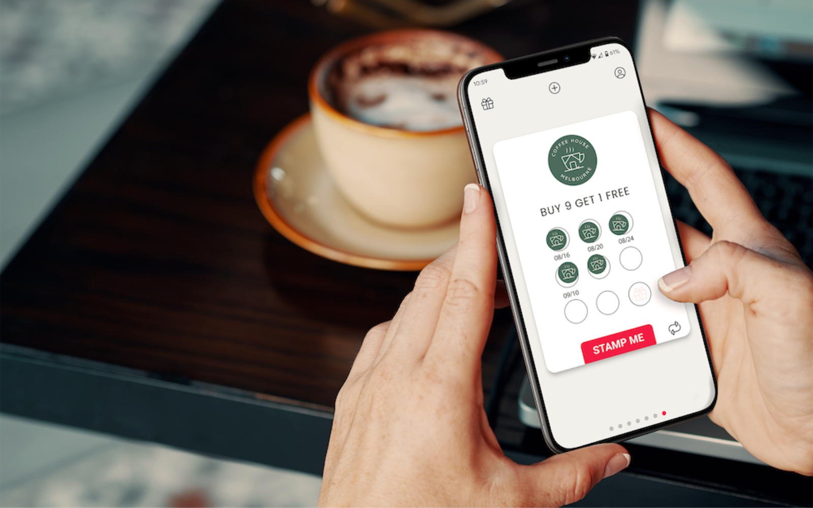 Digital loyalty card being used by an Australian customer to collect a visit-based reward, encouraging repeat customers
