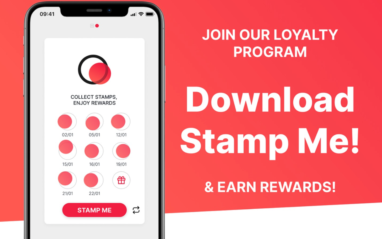 marketing materials for Stamp Me, a digital loyalty program platform 