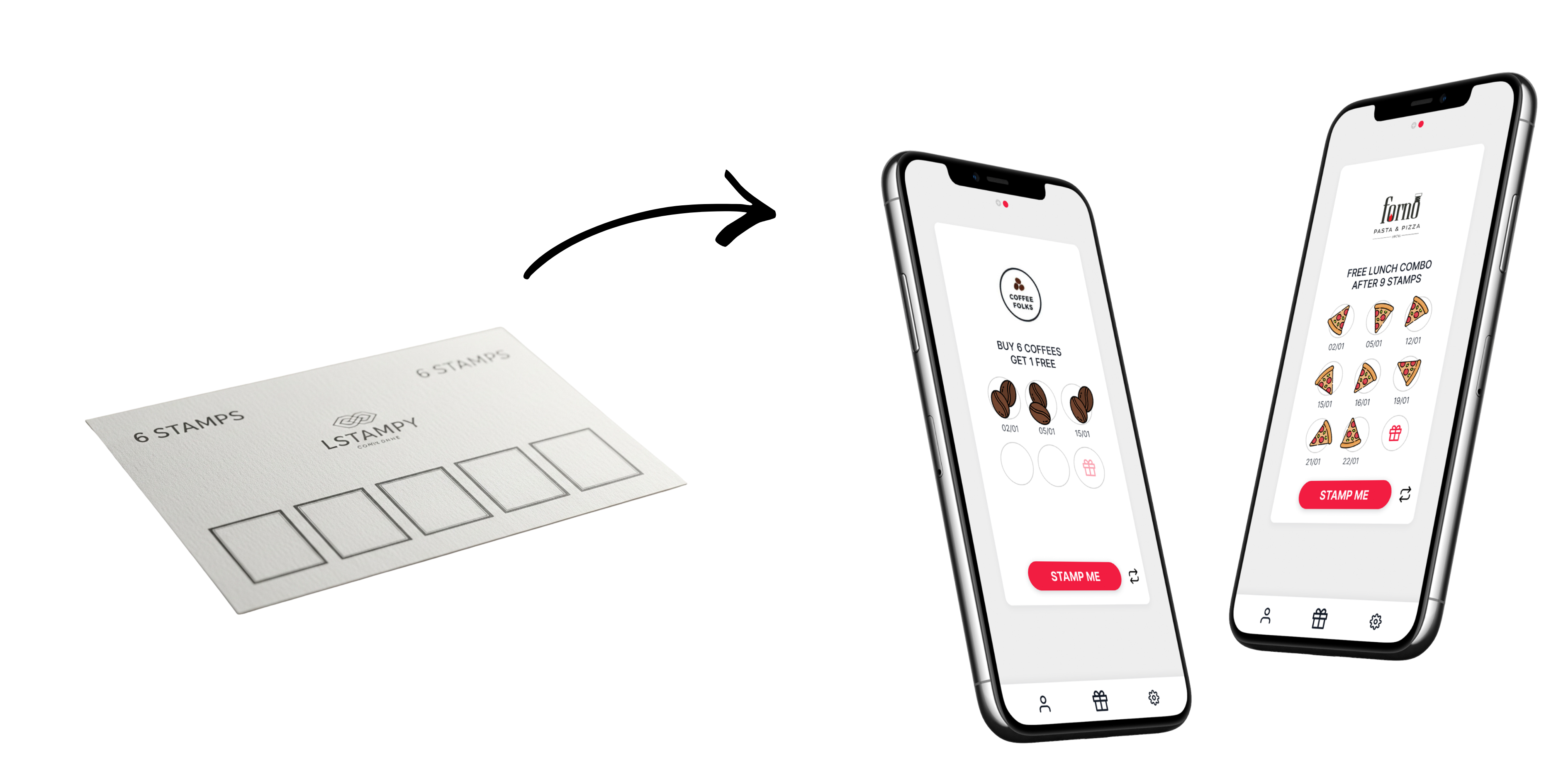 Digital vs paper stamp card comparison showing ease of use and data tracking.
