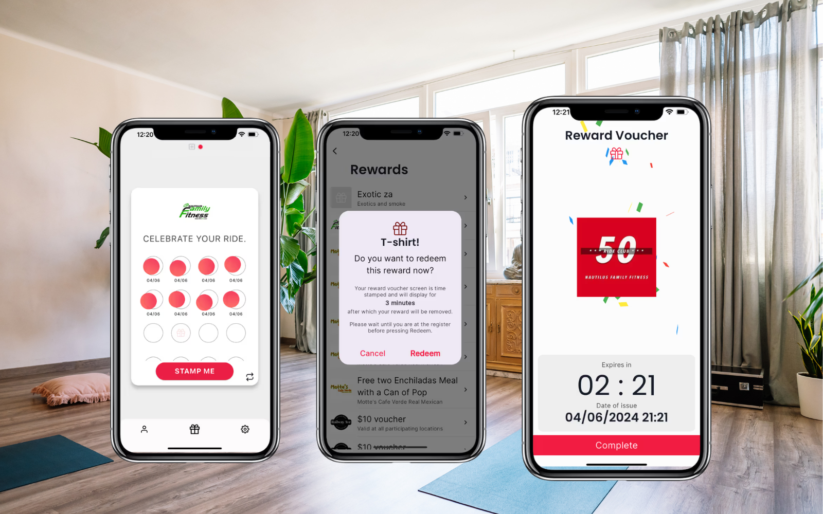 Screenshot of a digital yoga studio stamp card showing classes completed and reward earned.