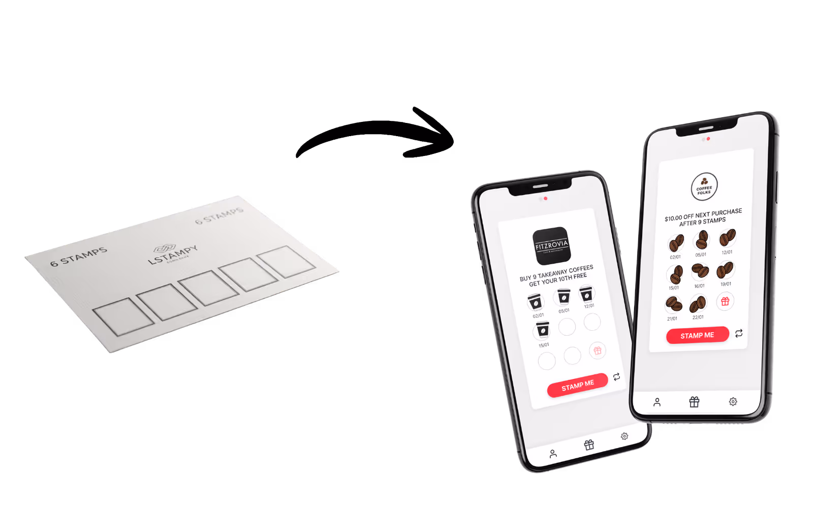 Digital loyalty program interface for a coffee shop showing customer points and rewards versus paper stamp card