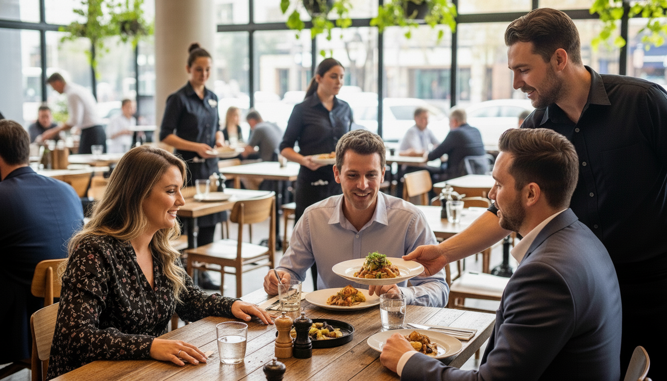Happy people sitting at a restaurant and being served lunch.
