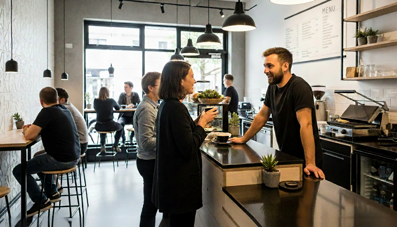 A sandwich shop owner talking to a customer.