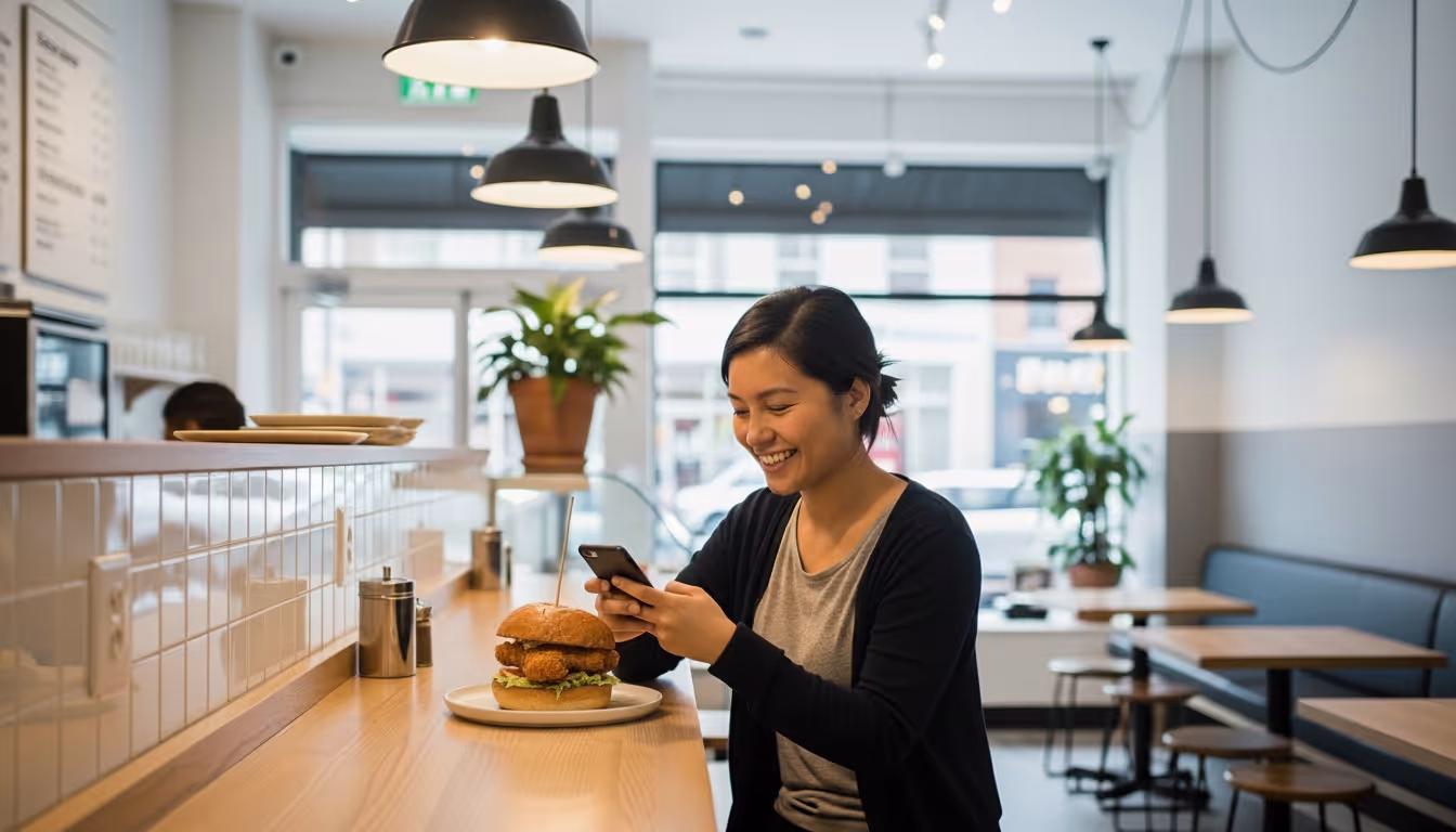 Happy sandwich customer on their phone.