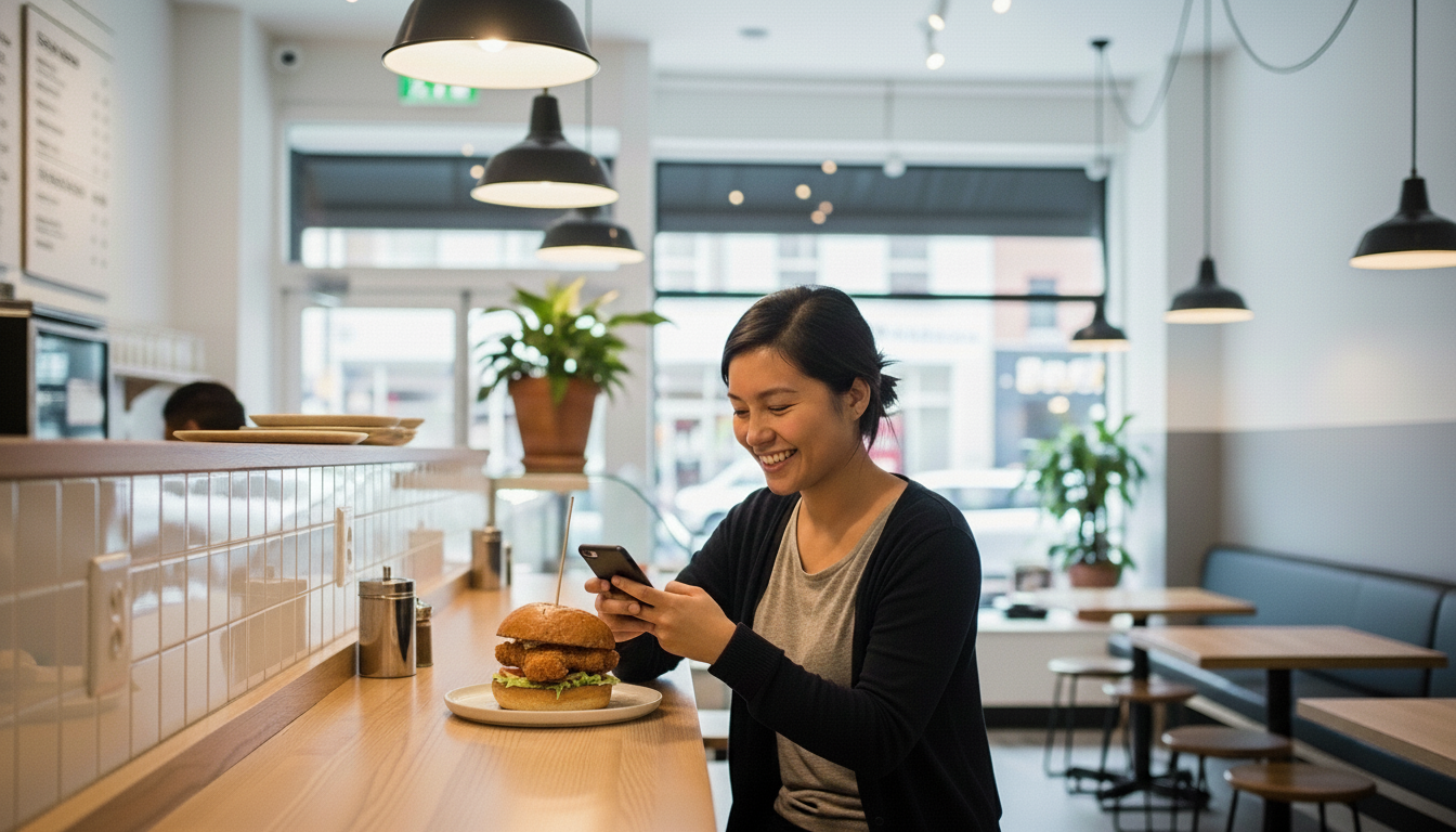 Happy sandwich customer on their phone.