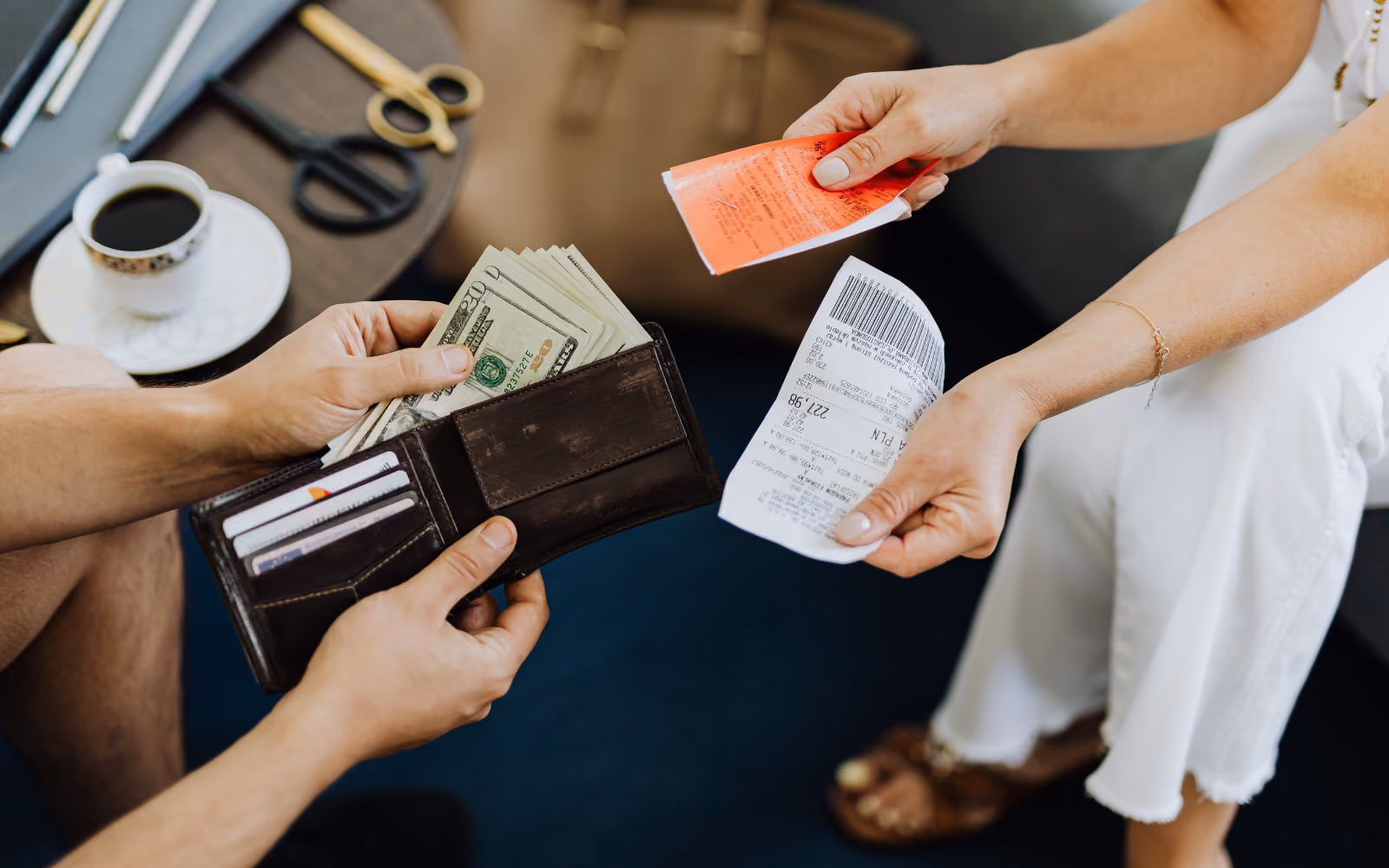 money and receipts of a cafe owner