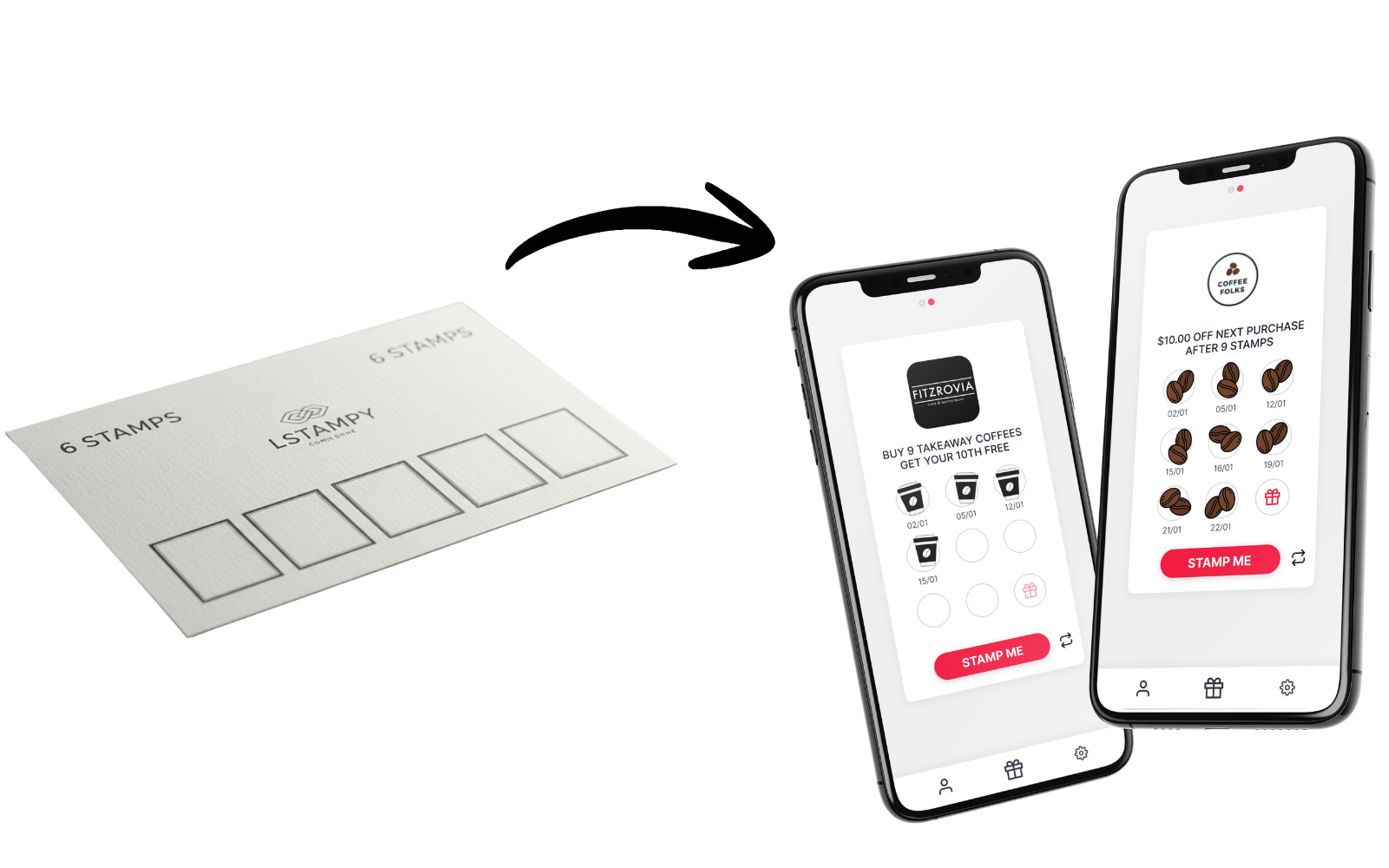 Digital cafe loyalty app on a smartphone showing stamp progress toward a free coffee reward — simple loyalty program design for Australian cafes