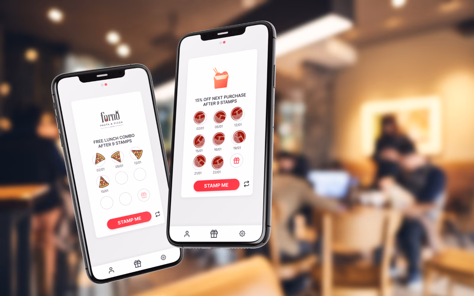 Restaurant loyalty rewards app showing customer stamp progress toward a free meal reward on a smartphone screen