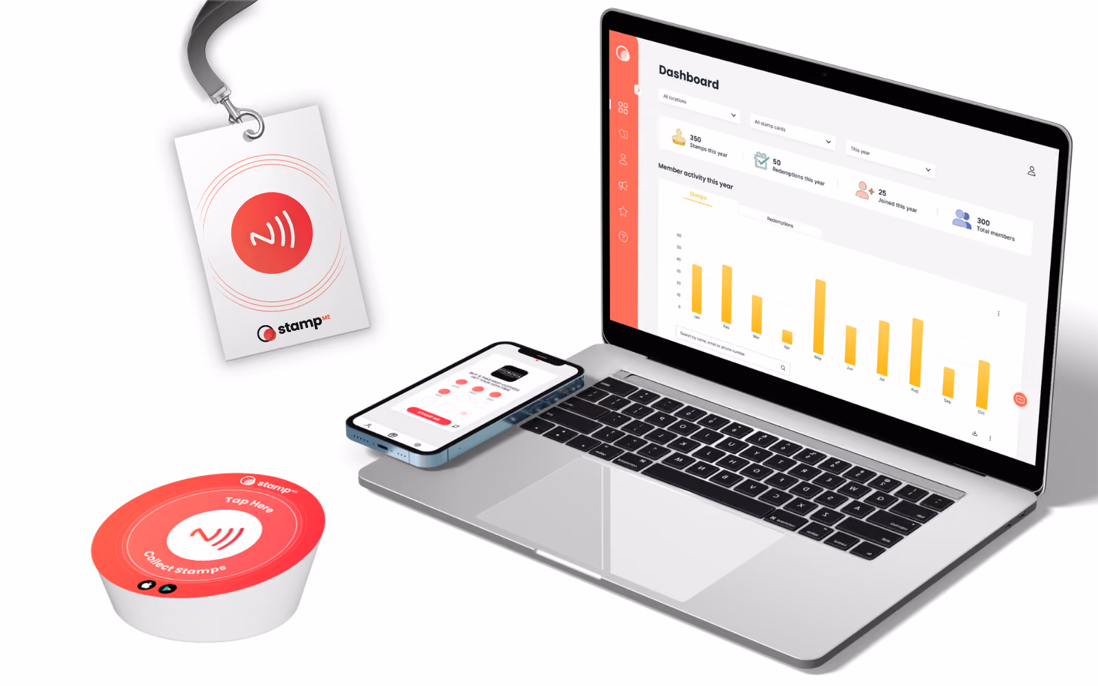 Stamp Me runs independently of your POS — customers collect digital stamps through the Stamp Me app, a QR code, or an optional tap device, and redeem rewards without any POS integration required