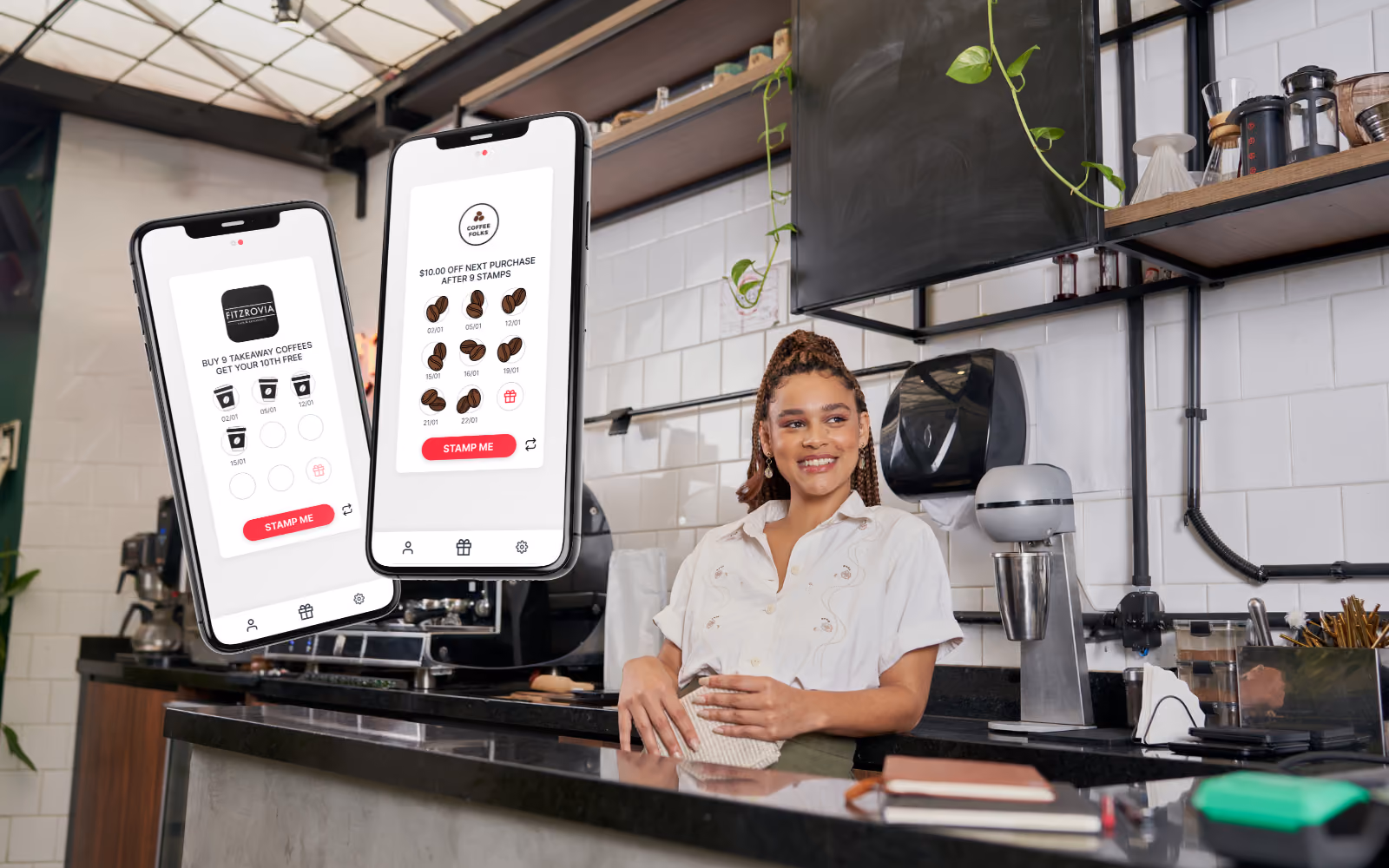 Digital loyalty stamp card showing near-complete rewards to encourage repeat visits during slow season