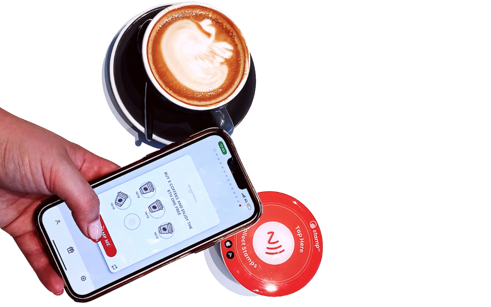 Customer collecting a digital loyalty stamp at an Australian CBD cafe using Stamp Me