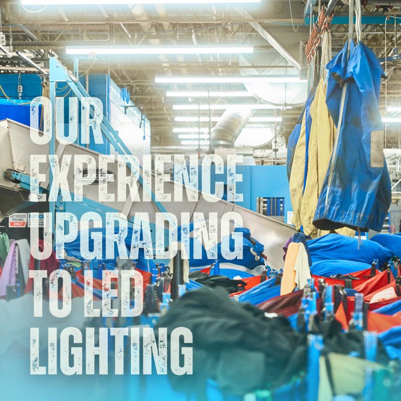 image of the Quintex facility, laundry bins nearby and a view of the led lights