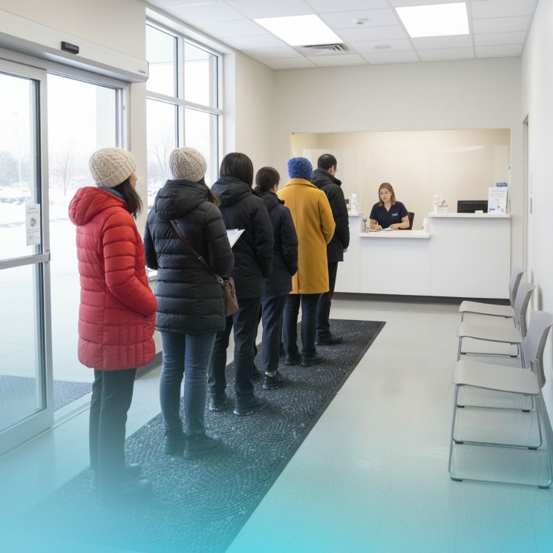 people standing in line at a blood bank clinic