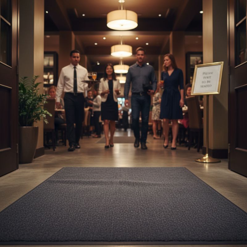 people walking in a hallway, rippled mat in front.