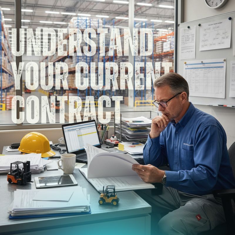 a man sitting at his office desk, reviewing a contract.