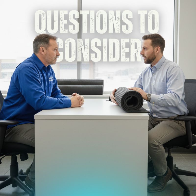 man speaking to a sales rep about commercial mats that can be used during winter