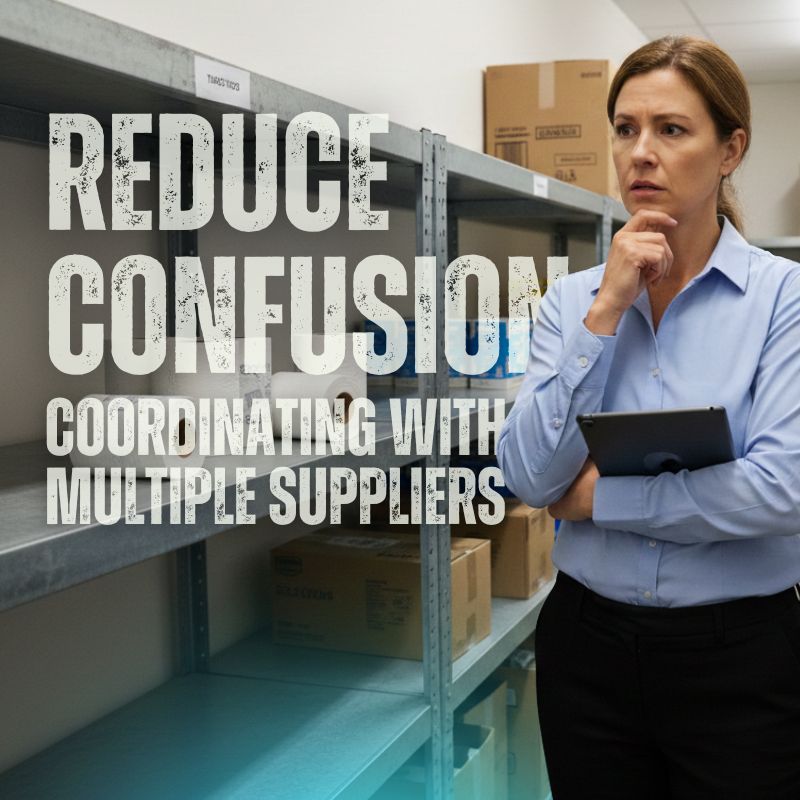 a woman looking at an empty shelf of toilet paper, thinking of who she is needing to contact regarding washroom supplies