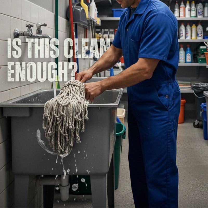 man rinsing mop head in a sink